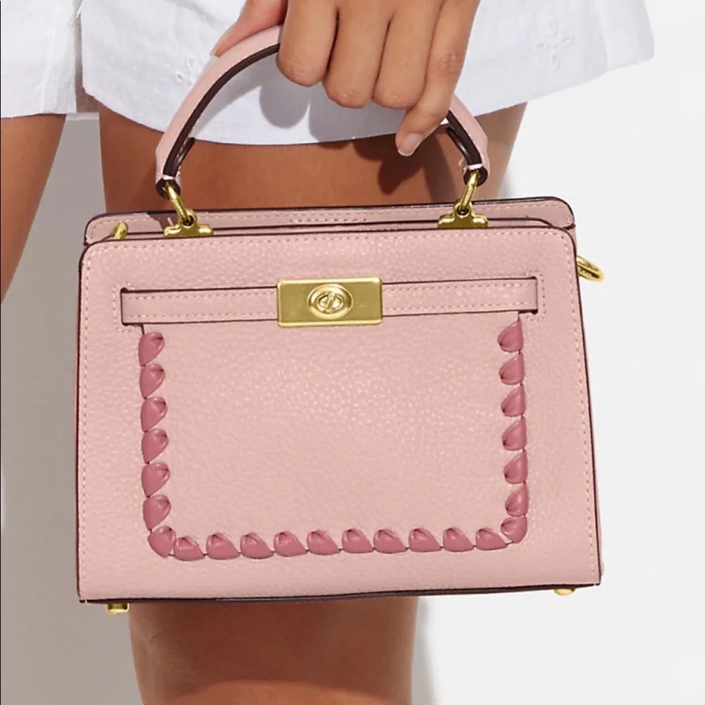 SALE🔥COACH MINI LANE TOP HANDLE WITH‎ WHIPSTITCH GOLD/PINK LEATHER SHOULDER BAG